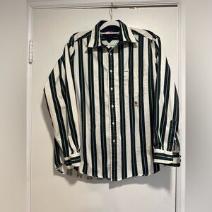 Vintage 90's Tommy Hilfiger Sz:M Large Striped Green Navy Button Up dress Shirt
